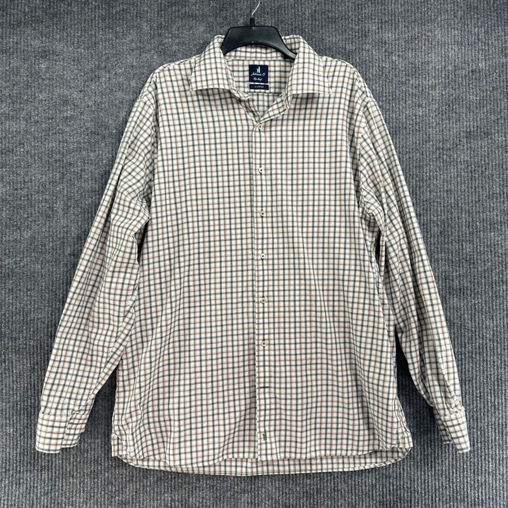Johnnie-O Top Shelf Shirt Mens XL White Brown Plaid Excellent Long Sleeve Cotton